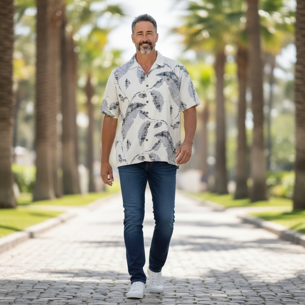 Tommy Bahama Silk Camp Shirt L Cream Grey Tropical Leaf Textured Button Down